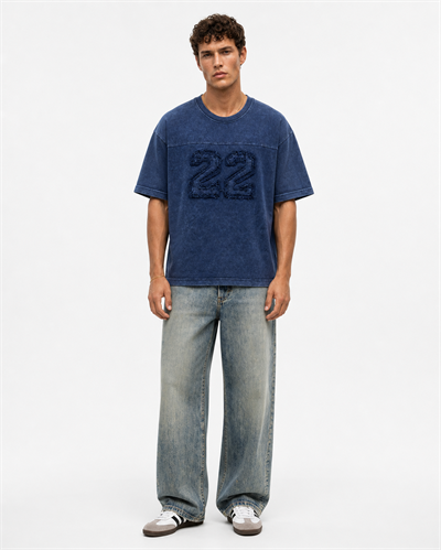 Erkek 22 Nakışlı Yıkamalı Oversize T-Shirt Lacivert