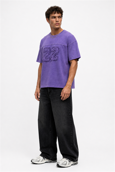 Erkek 22 Nakışlı Yıkamalı Oversize T-Shirt Mor