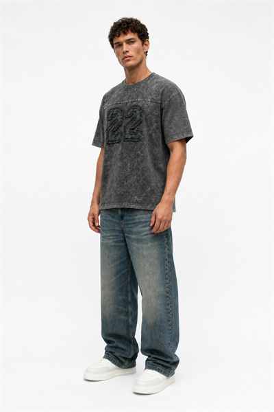 Erkek 22 Nakışlı Yıkamalı Oversize T-Shirt Siyah