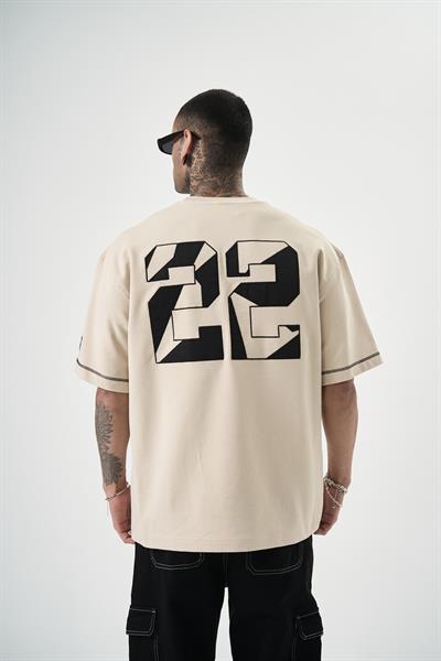 Erkek 22 Yazılı Nakışlı Oversize T-Shirt Bej
