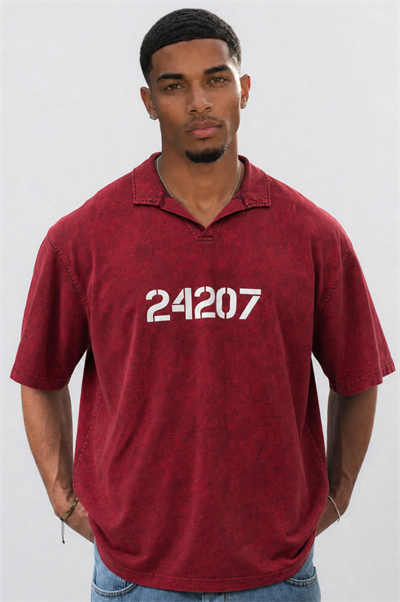 Erkek 24207 Baskılı Yıkamalı Oversize T-Shirt Bordo