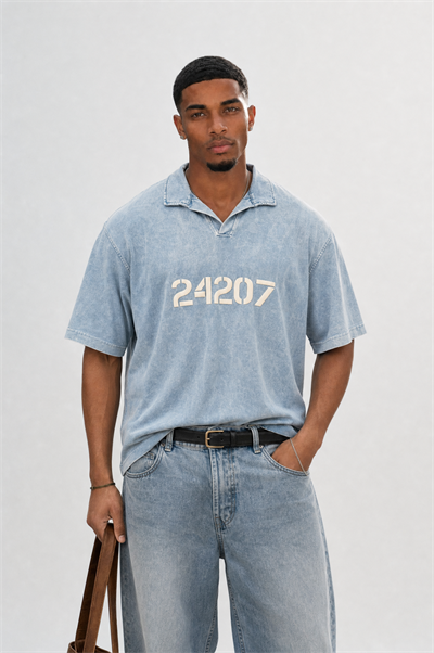 Erkek 24207 Baskılı Yıkamalı Oversize T-Shirt Mavi