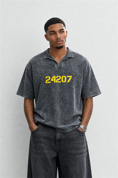 Erkek 24207 Baskılı Yıkamalı Oversize T-Shirt Siyah