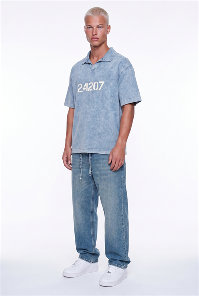 Erkek 24207 Baskılı Yıkamalı Oversize T-Shirt Mavi