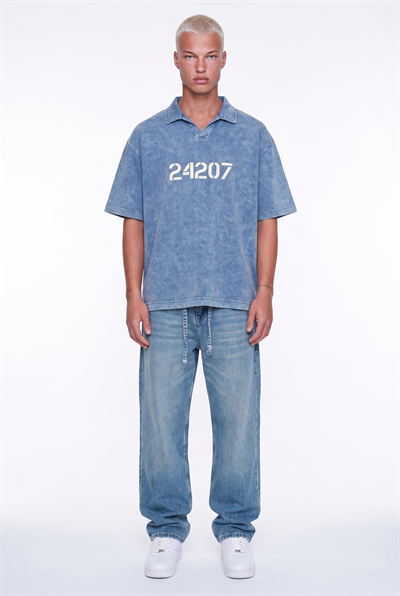 Erkek 24207 Baskılı Yıkamalı Oversize T-Shirt Mavi