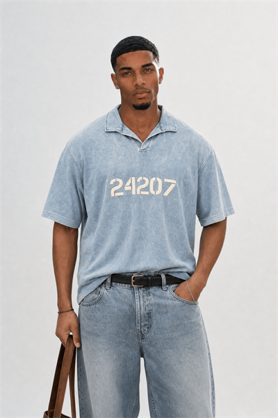 Erkek 24207 Baskılı Yıkamalı Oversize T-Shirt Mavi