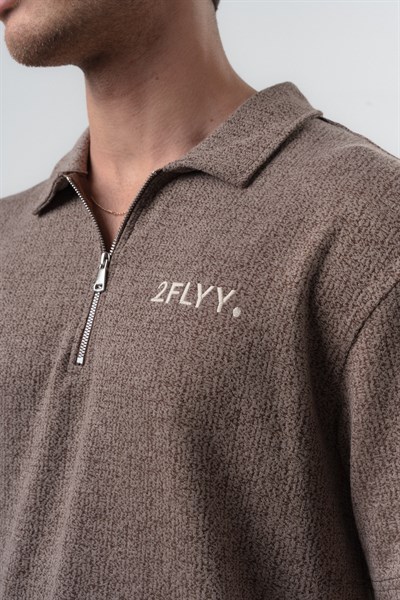 Erkek 2FLYY Yazılı Yarım Fermuarlı Regular Fit T-Shirt Şort Takım Kahve