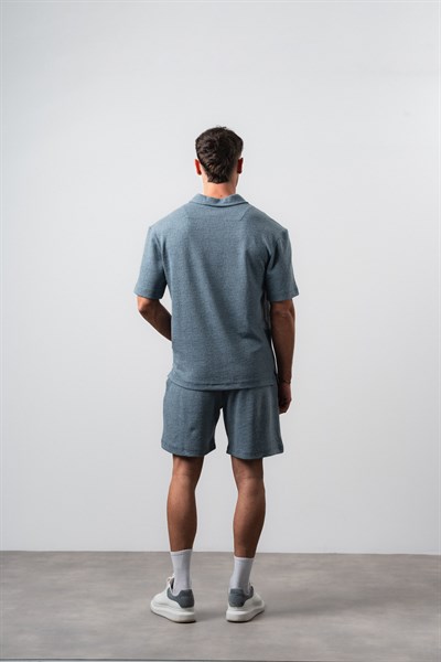 Erkek 2FLYY Yazılı Yarım Fermuarlı Regular Fit T-Shirt Şort Takım Petrol