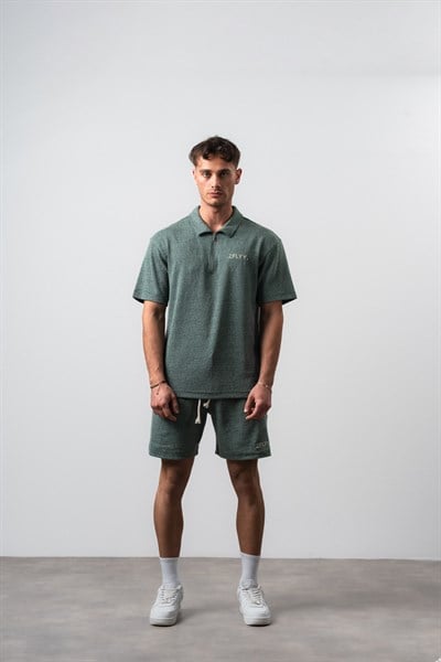 Erkek 2FLYY Yazılı Yarım Fermuarlı Regular Fit T-Shirt Şort Takım Nefti