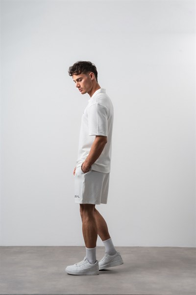 Erkek 2FLYY Yazılı Yarım Fermuarlı Regular Fit T-Shirt Şort Takım Ekru