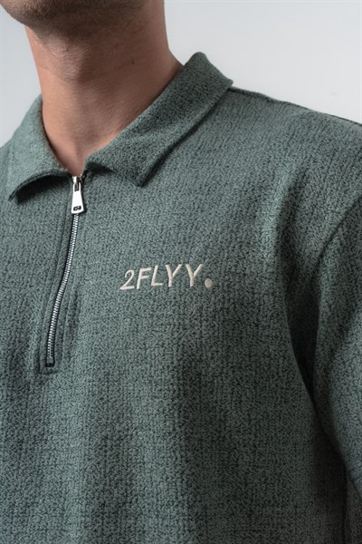 Erkek 2FLYY Yazılı Yarım Fermuarlı Regular Fit T-Shirt Şort Takım Nefti