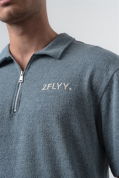 Erkek 2FLYY Yazılı Yarım Fermuarlı Regular Fit T-Shirt Şort Takım Petrol