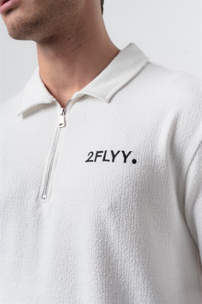 Erkek 2FLYY Yazılı Yarım Fermuarlı Regular Fit T-Shirt Şort Takım Ekru