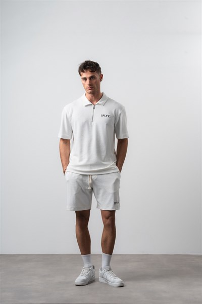 Erkek 2FLYY Yazılı Yarım Fermuarlı Regular Fit T-Shirt Şort Takım Ekru