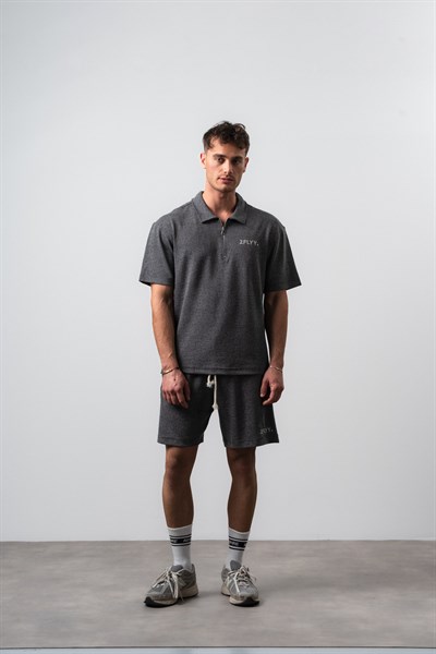 Erkek 2FLYY Yazılı Yarım Fermuarlı Regular Fit T-Shirt Şort Takım Siyah