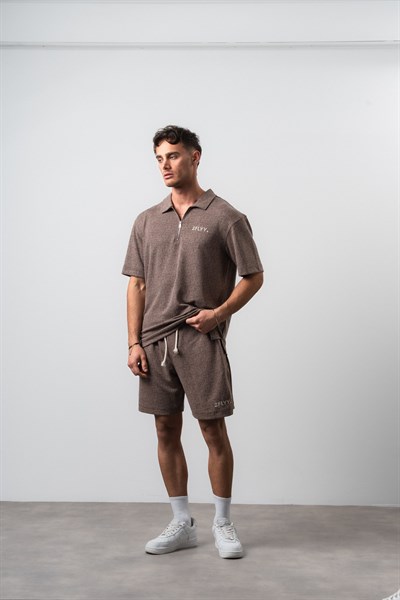 Erkek 2FLYY Yazılı Yarım Fermuarlı Regular Fit T-Shirt Şort Takım Kahve
