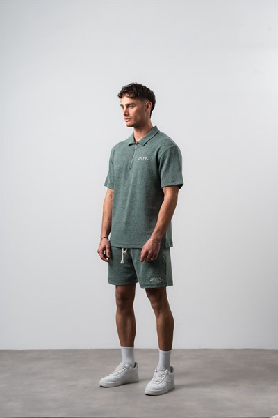 Erkek 2FLYY Yazılı Yarım Fermuarlı Regular Fit T-Shirt Şort Takım Nefti