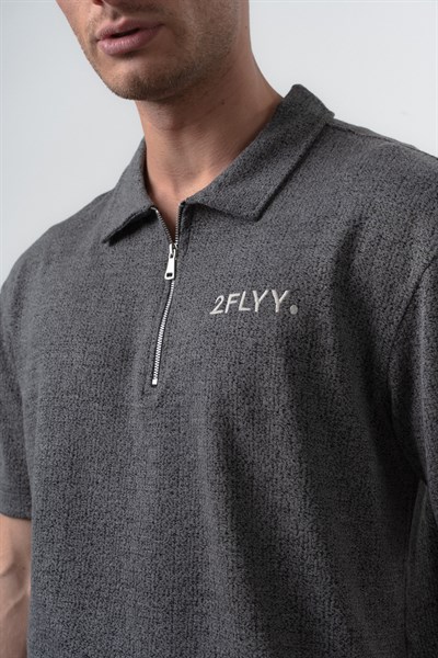 Erkek 2FLYY Yazılı Yarım Fermuarlı Regular Fit T-Shirt Şort Takım Siyah