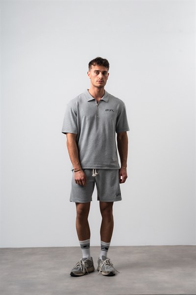 Erkek 2FLYY Yazılı Yarım Fermuarlı Regular Fit T-Shirt Şort Takım Gri
