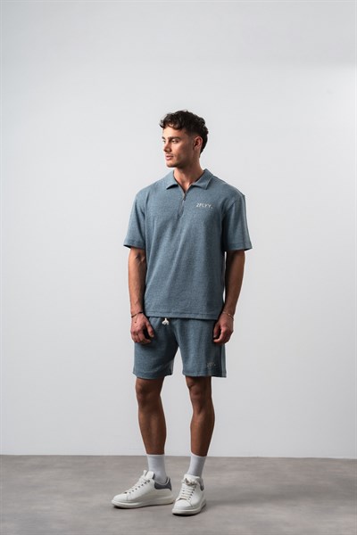 Erkek 2FLYY Yazılı Yarım Fermuarlı Regular Fit T-Shirt Şort Takım Petrol