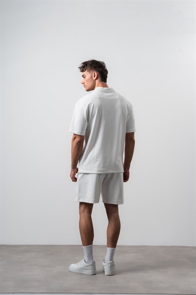 Erkek 2FLYY Yazılı Yarım Fermuarlı Regular Fit T-Shirt Şort Takım Ekru