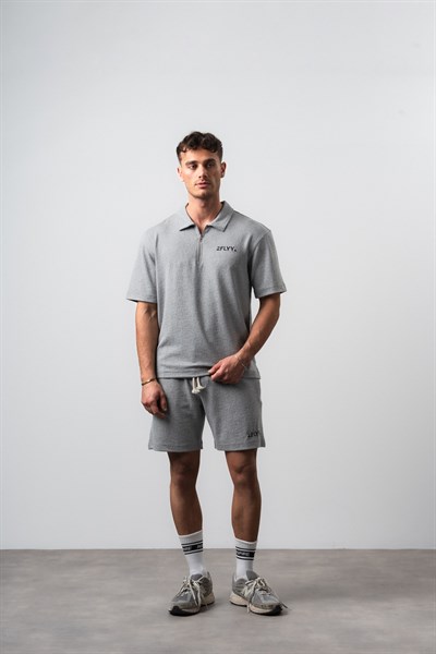 Erkek 2FLYY Yazılı Yarım Fermuarlı Regular Fit T-Shirt Şort Takım Gri