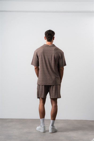 Erkek 2FLYY Yazılı Yarım Fermuarlı Regular Fit T-Shirt Şort Takım Kahve