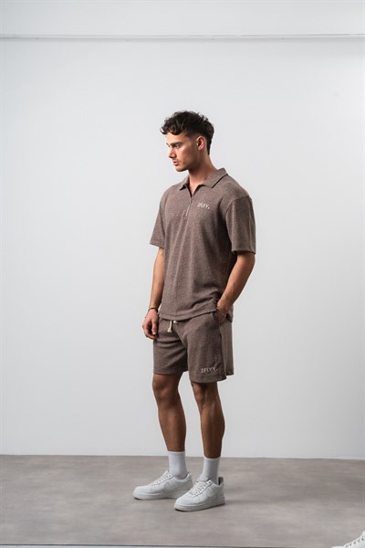 Erkek 2FLYY Yazılı Yarım Fermuarlı Regular Fit T-Shirt Şort Takım Kahve