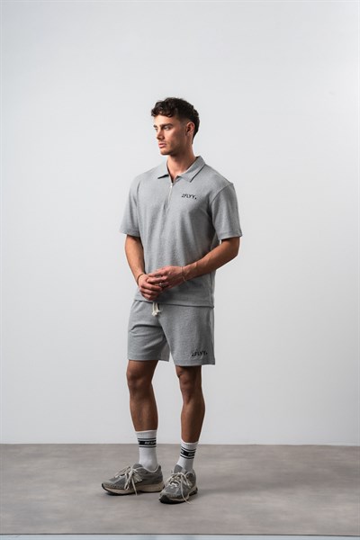 Erkek 2FLYY Yazılı Yarım Fermuarlı Regular Fit T-Shirt Şort Takım Gri