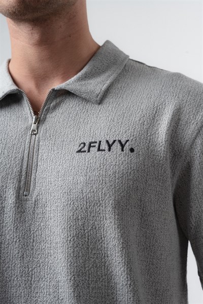 Erkek 2FLYY Yazılı Yarım Fermuarlı Regular Fit T-Shirt Şort Takım Gri