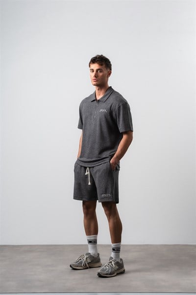Erkek 2FLYY Yazılı Yarım Fermuarlı Regular Fit T-Shirt Şort Takım Siyah