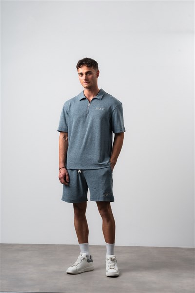 Erkek 2FLYY Yazılı Yarım Fermuarlı Regular Fit T-Shirt Şort Takım Petrol