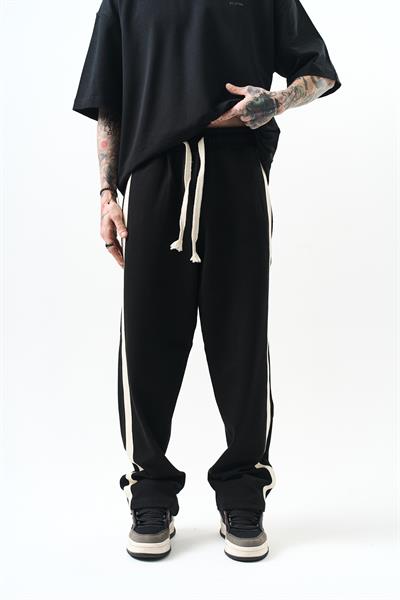 Erkek 2li Şerit Detaylı İnterlok Baggy Eşofman Altı Siyah