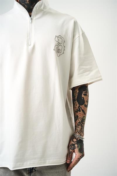 Erkek 3 Nakışlı Yarım Fermuarlı Oversize T-Shirt Ekru
