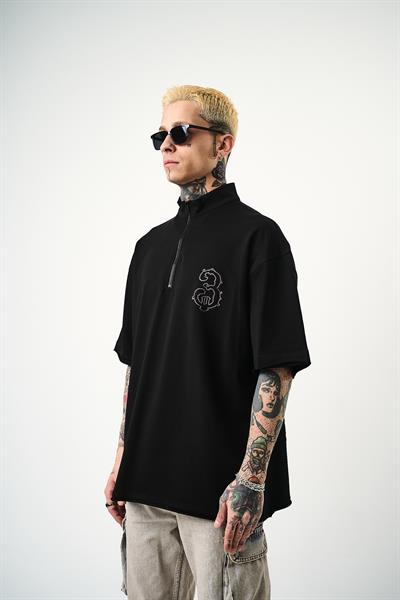Erkek 3 Nakışlı Yarım Fermuarlı Oversize T-Shirt Siyah