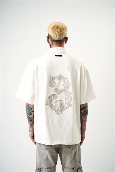 Erkek 3 Nakışlı Yarım Fermuarlı Oversize T-Shirt Ekru