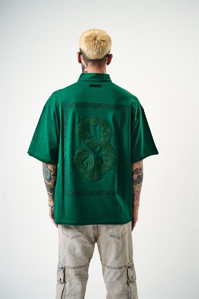 Erkek 3 Nakışlı Yarım Fermuarlı Oversize T-Shirt Nefti