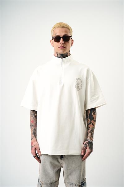 Erkek 3 Nakışlı Yarım Fermuarlı Oversize T-Shirt Ekru