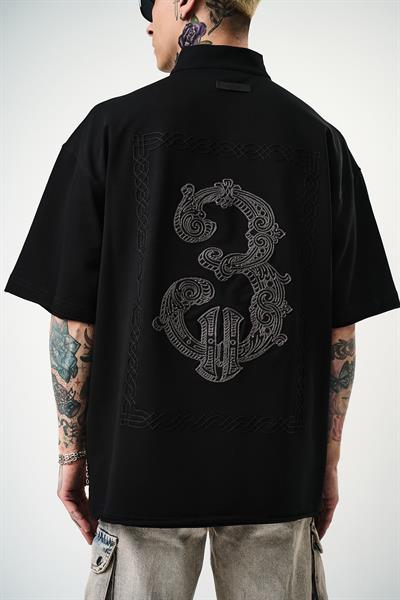 Erkek 3 Nakışlı Yarım Fermuarlı Oversize T-Shirt Siyah
