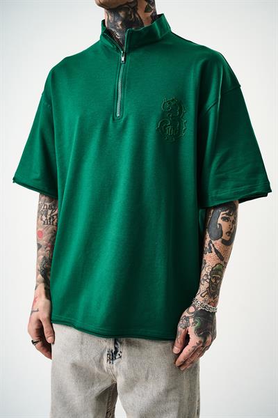 Erkek 3 Nakışlı Yarım Fermuarlı Oversize T-Shirt Nefti