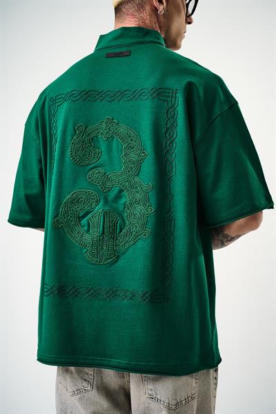 Erkek 3 Nakışlı Yarım Fermuarlı Oversize T-Shirt Nefti