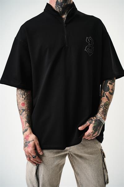 Erkek 3 Nakışlı Yarım Fermuarlı Oversize T-Shirt Siyah