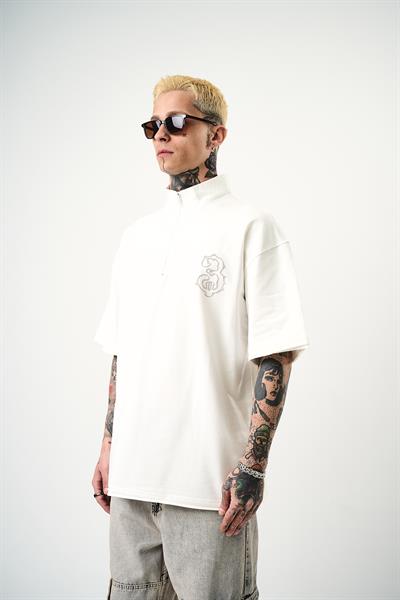 Erkek 3 Nakışlı Yarım Fermuarlı Oversize T-Shirt Ekru