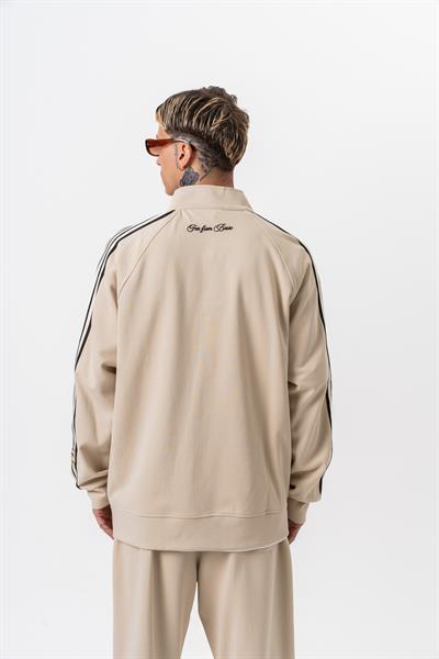 Erkek 3lü Şerit Detaylı Dik Yaka Doubleface Zip Oversize Sweatshirt Bej
