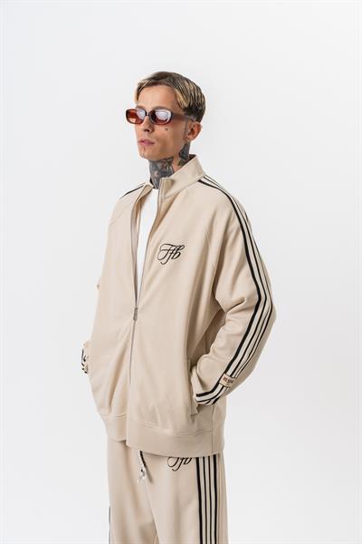 Erkek 3lü Şerit Detaylı Dik Yaka Doubleface Zip Oversize Sweatshirt Bej