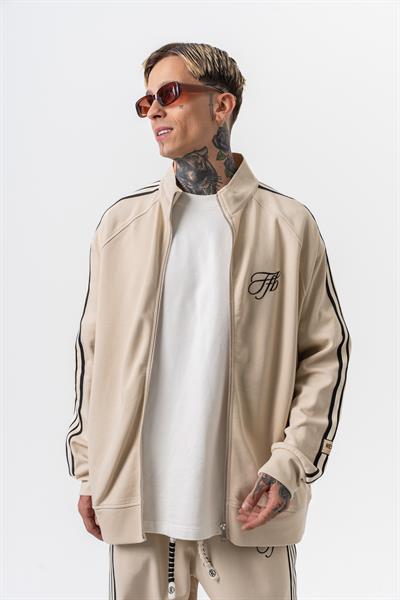 Erkek 3lü Şerit Detaylı Dik Yaka Doubleface Zip Oversize Sweatshirt Bej