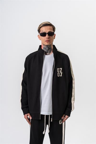 Erkek 7 Şerit Detaylı Dik Yaka Doubleface Zip Oversize Sweatshirt Siyah