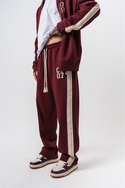Erkek 7 Şerit Detaylı Doubleface Baggy Eşofman Altı Bordo