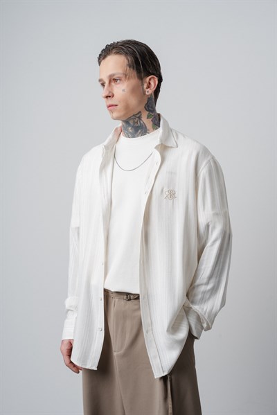 Erkek Dökümlü Uzun Kollu Oversize Gömlek Ekru