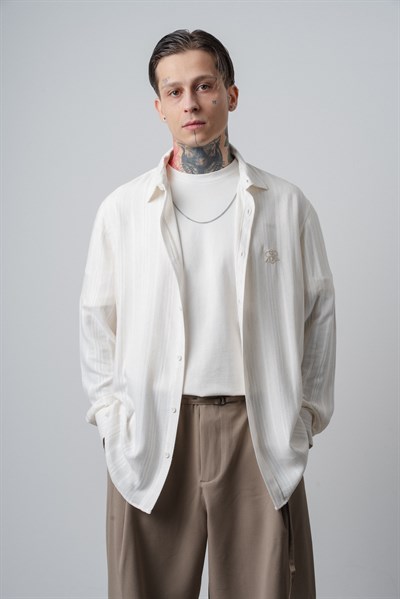 Erkek Dökümlü Uzun Kollu Oversize Gömlek Ekru